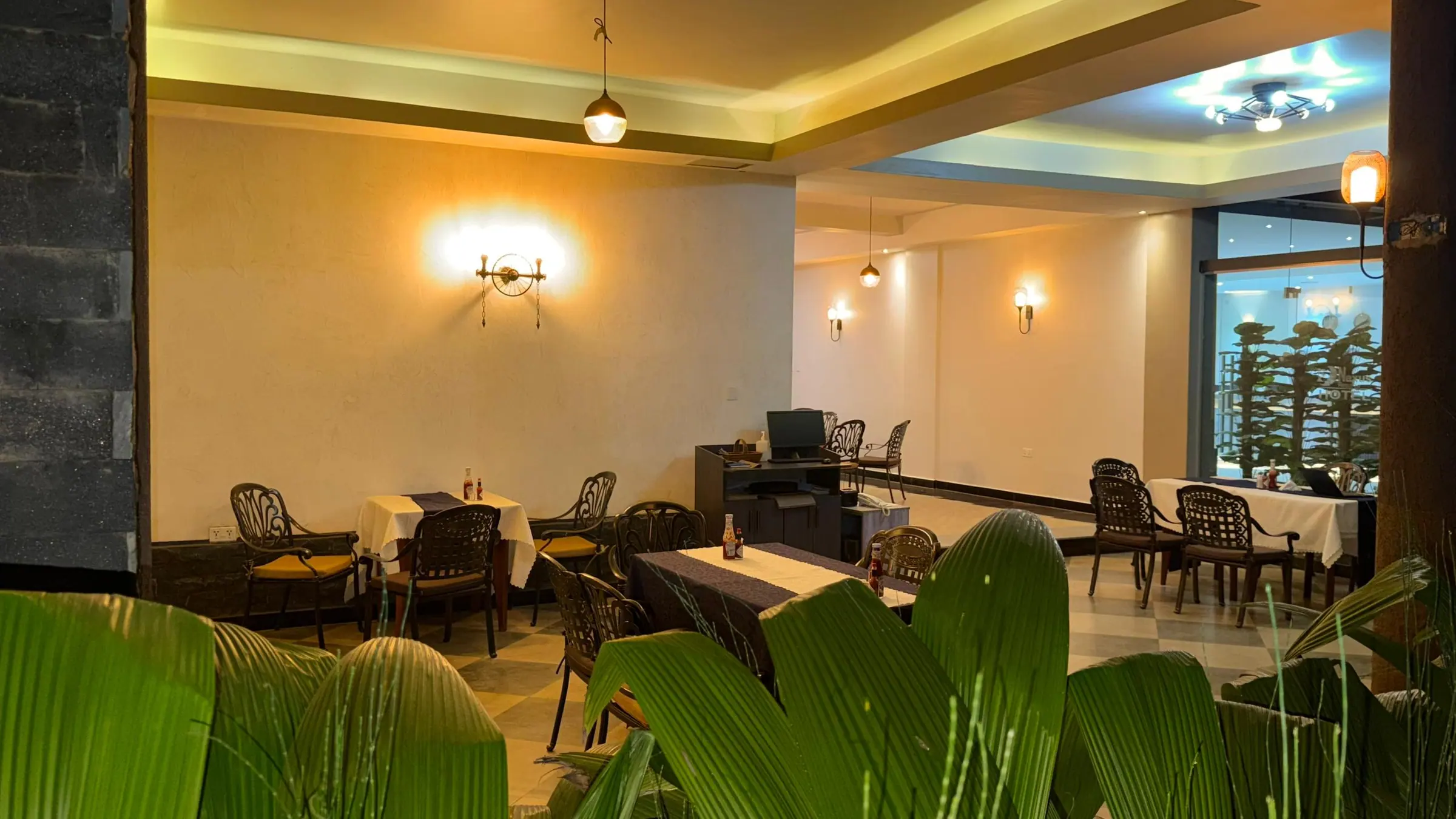 The restaurant dining room in the evening