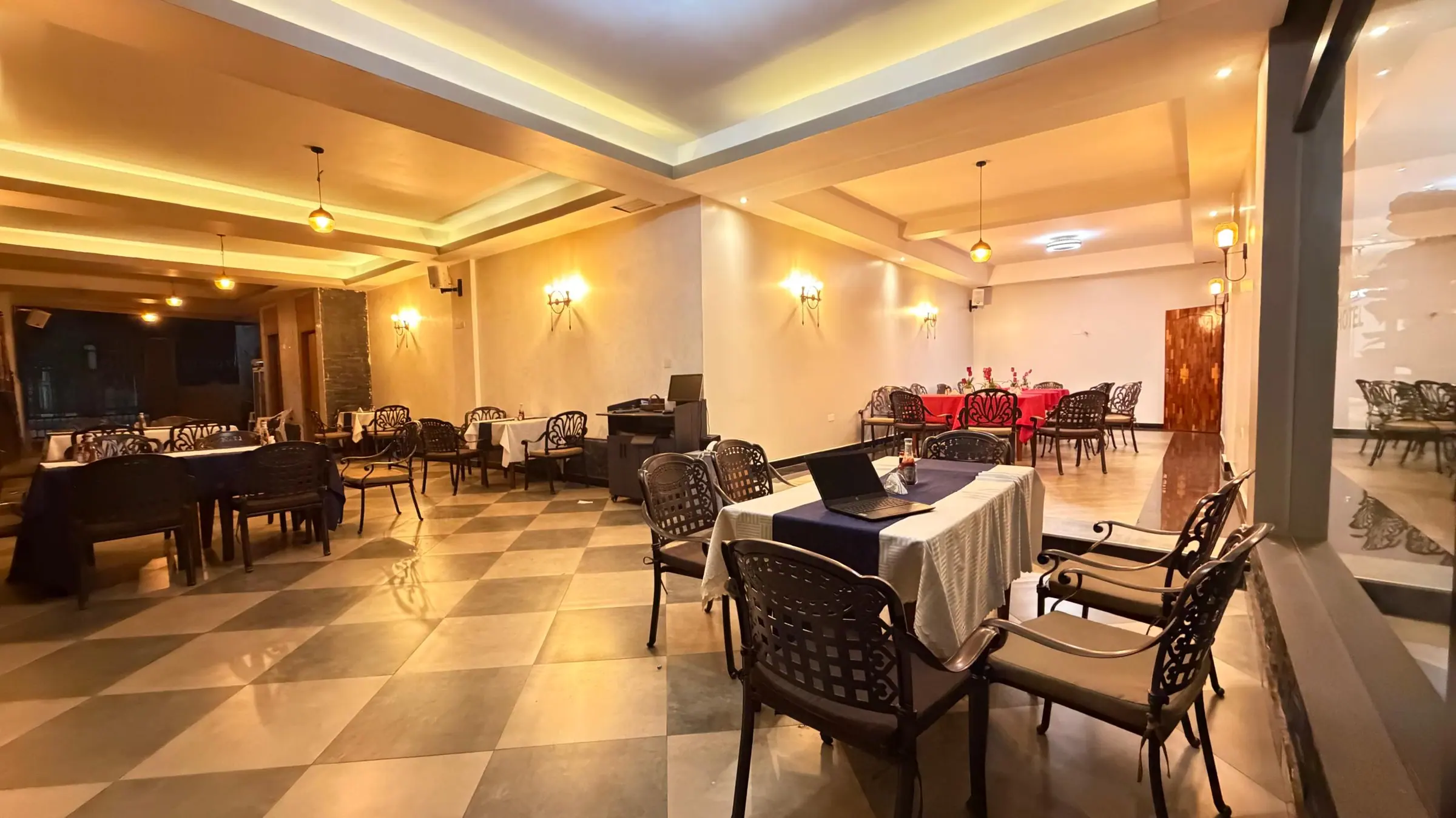 The restaurant dining room in the evening